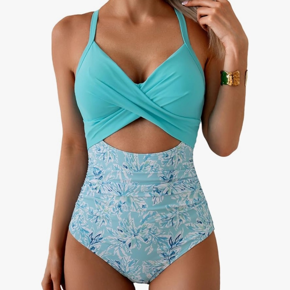 NWT Eomenie One Piece Tummy Conrtol Cutout Swinsuit Wrap Tie Back Bathing Suit